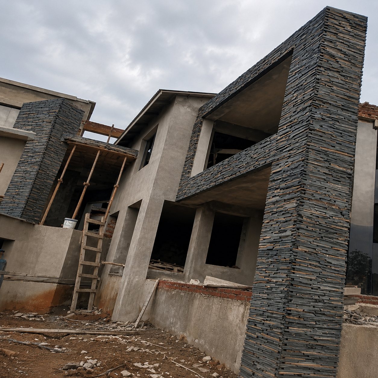 Double-storey residence under construction with slate-clad feature columns, window openings and a wooden ladder on site