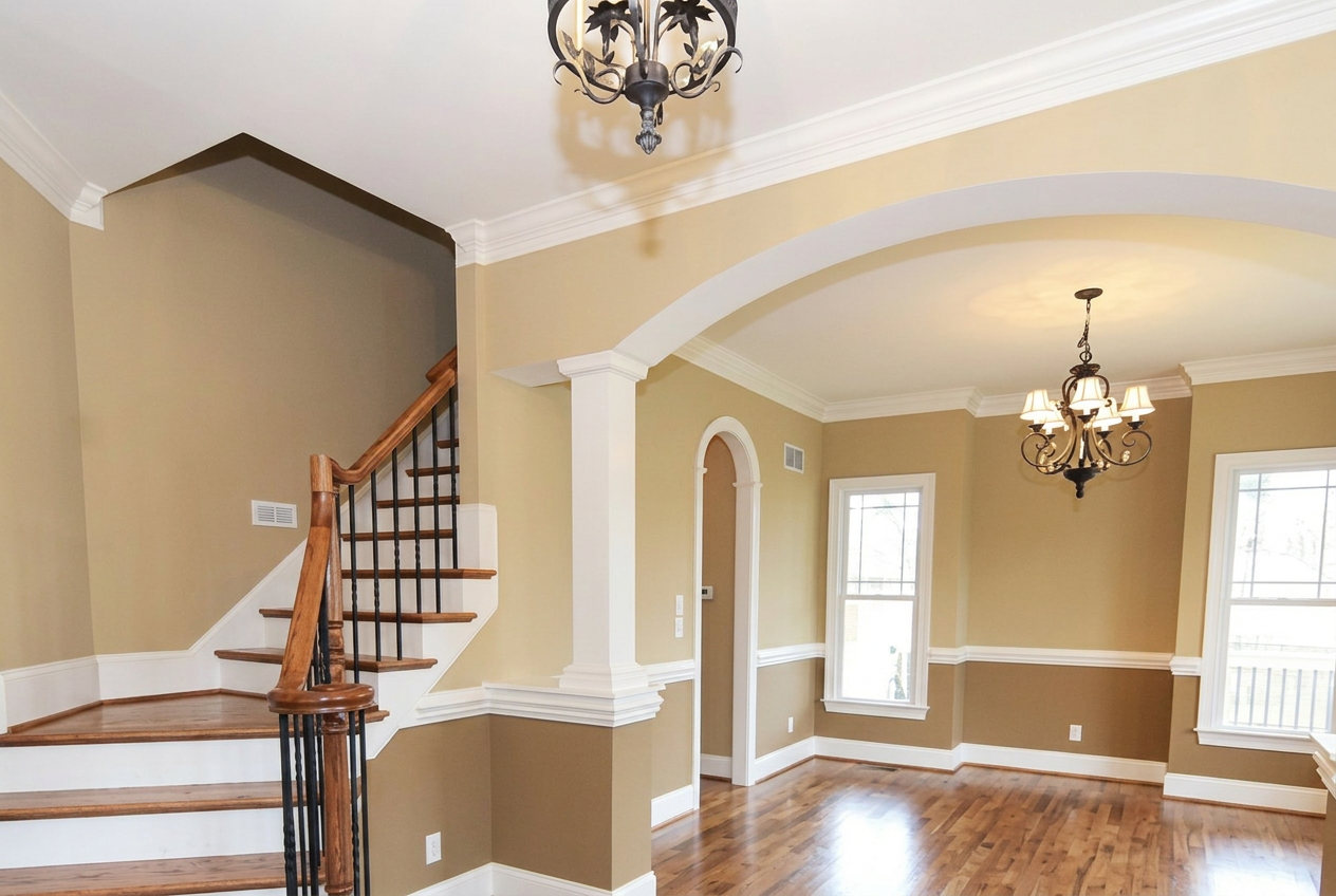 Freshly painted interior of a home with clean cornices and stairwell