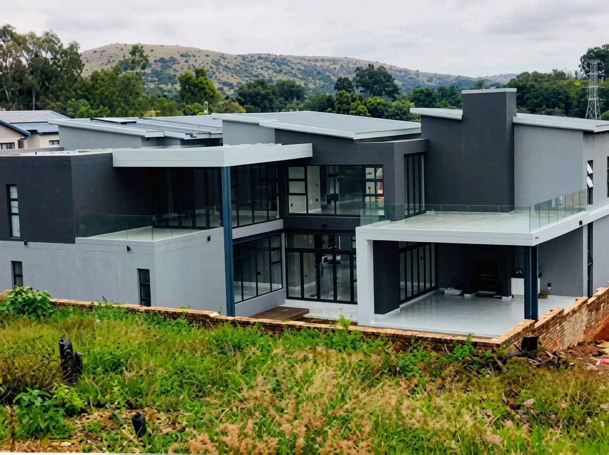 Modern home exterior with dark facade, glazing and landscaped surrounds