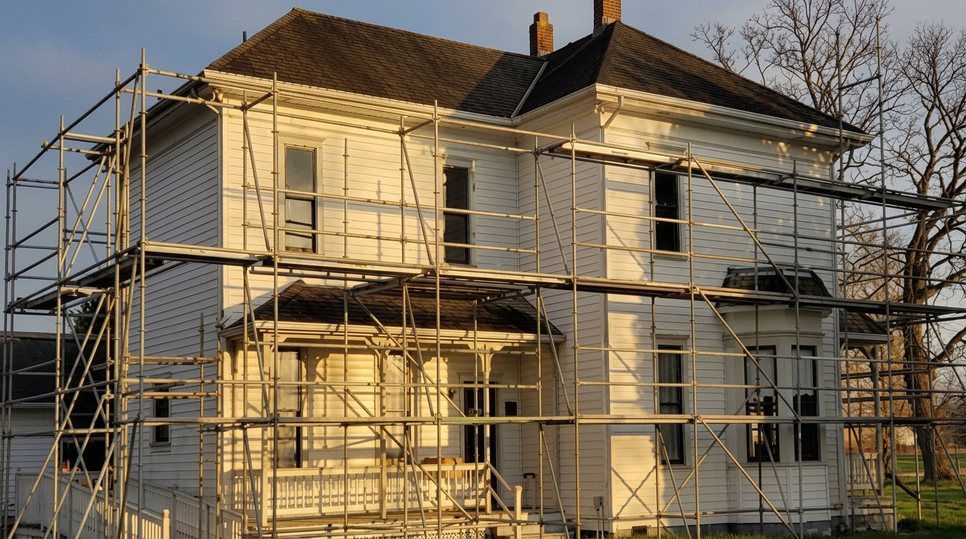 Residential building under construction with scaffolding erected around the structure