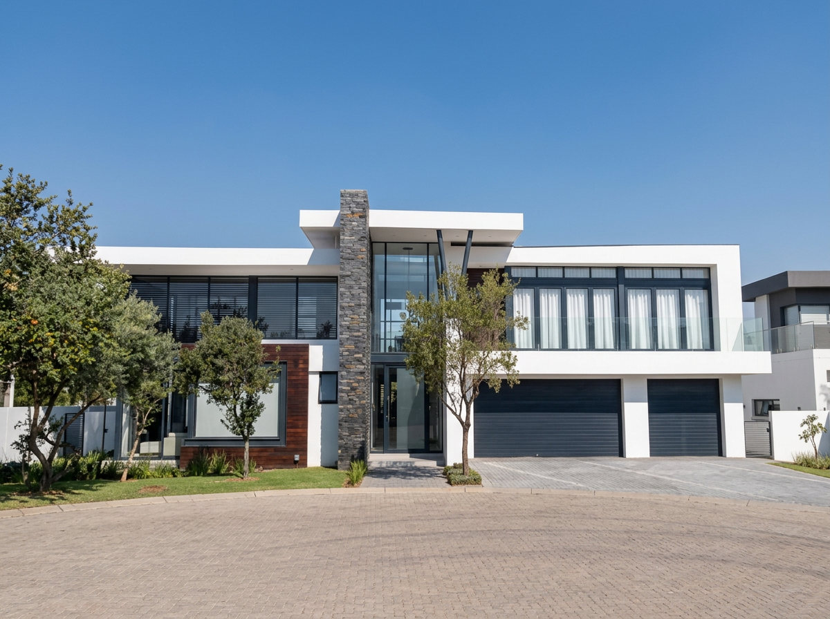 Modern double-garage residence with feature stone column and paved driveway