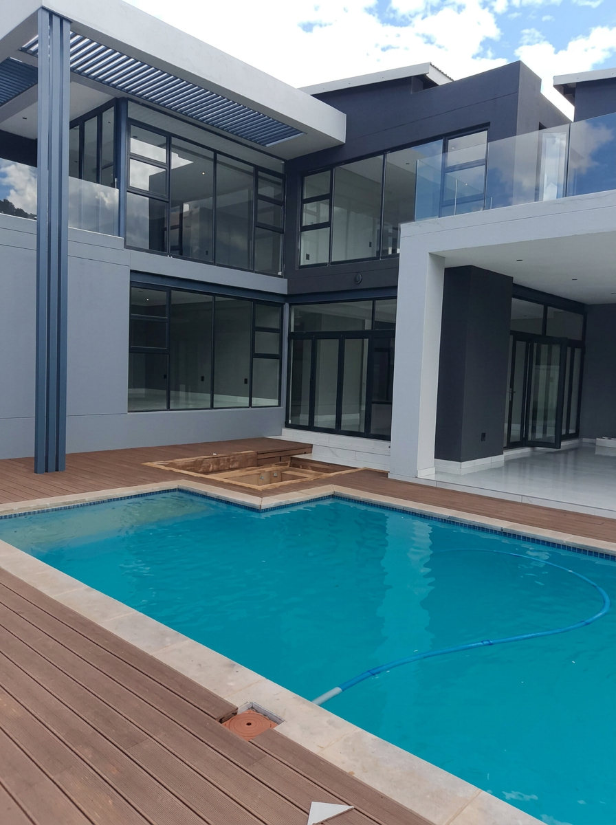 Completed residence with a swimming pool and timber deck
