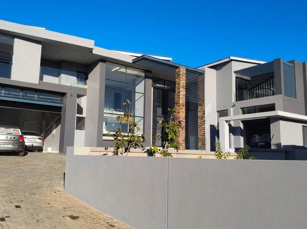 Completed contemporary home exterior with boundary wall and paving
