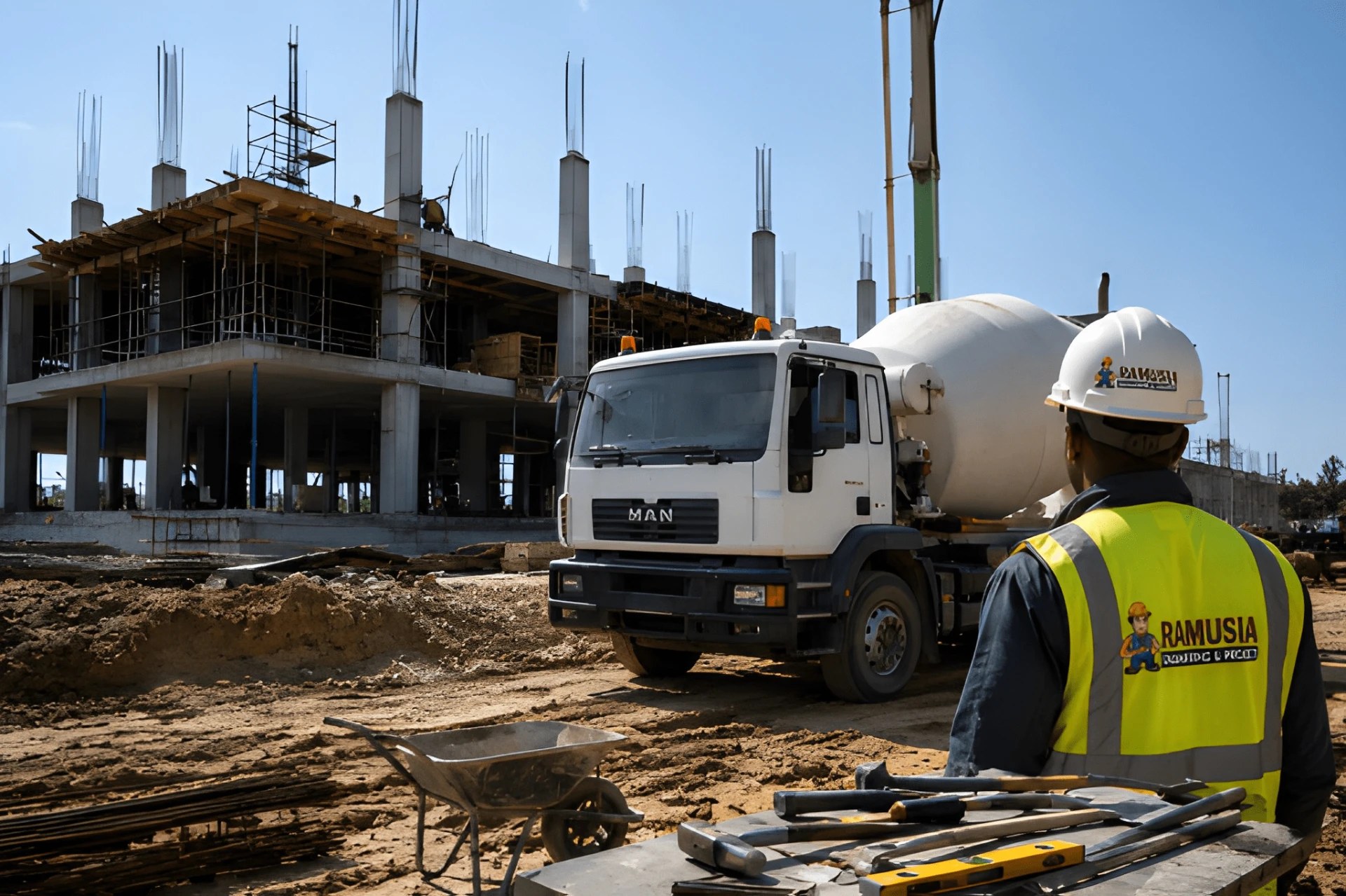 Ramusia site supervisor overseeing a concrete mixer truck at a multi-storey construction site
