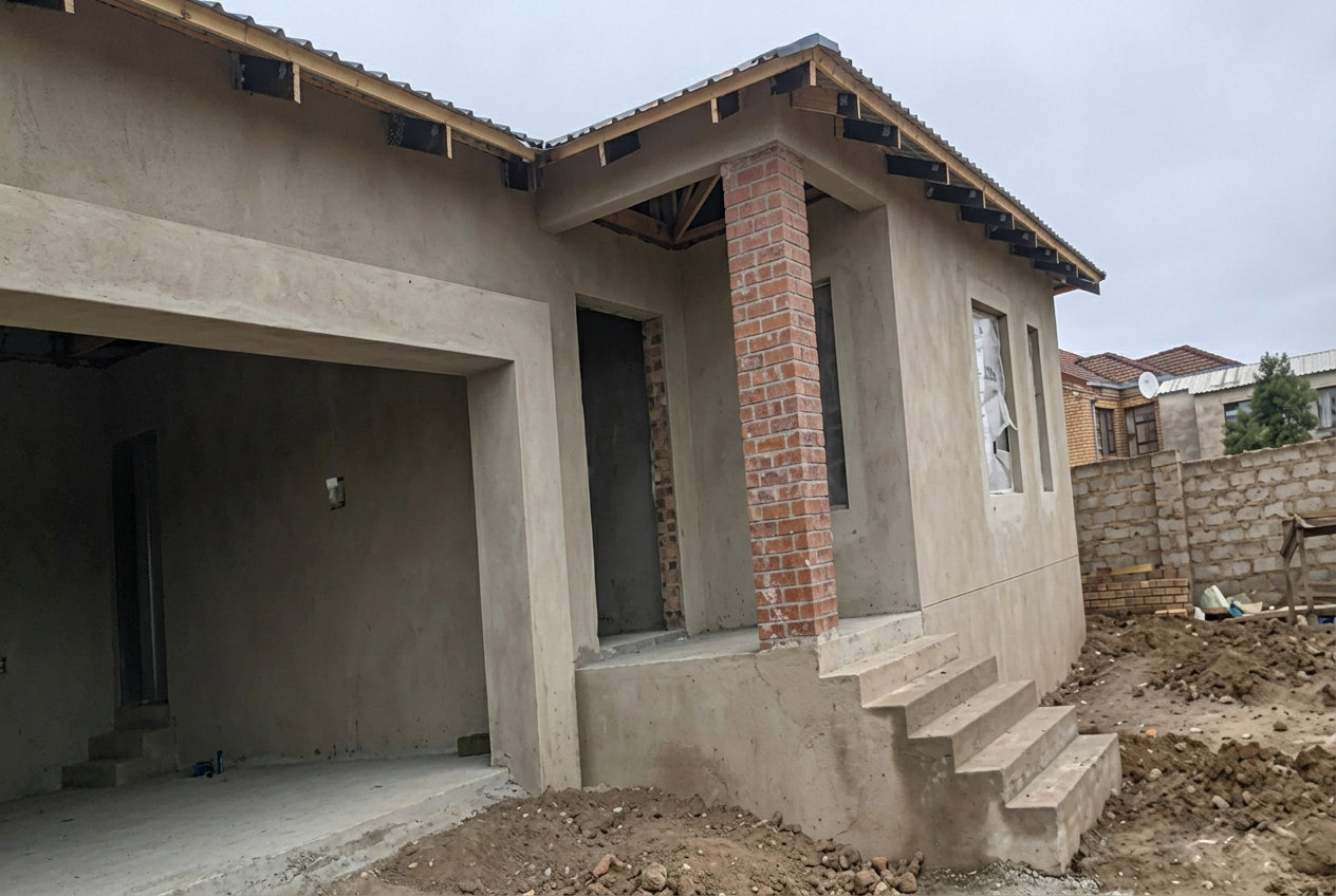 Newly plastered house exterior with smooth wall finishes and face-brick detail