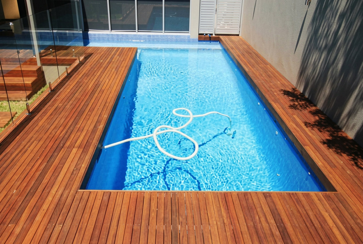 Timber deck surrounding a rectangular swimming pool with glass balustrade