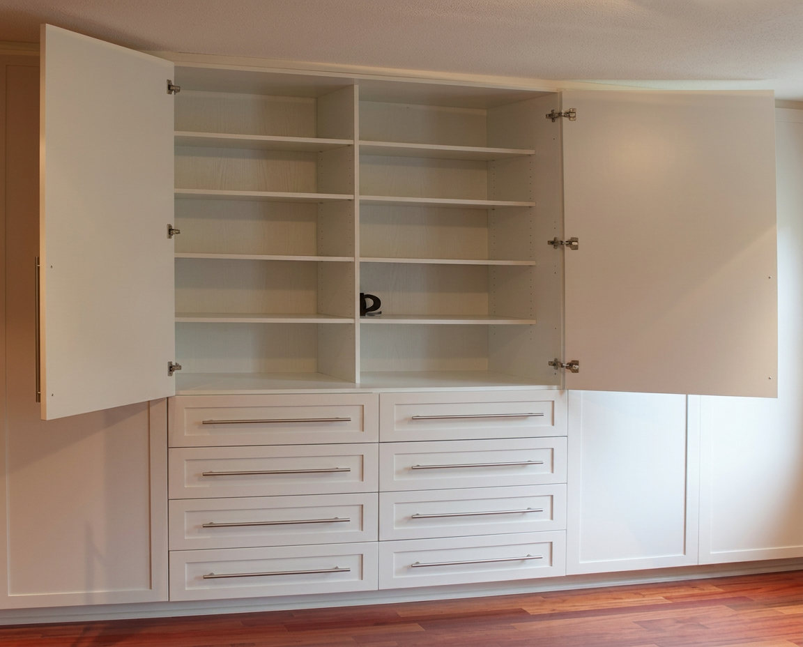Built-in cupboard carpentry with shelving and drawer units installed in a bedroom