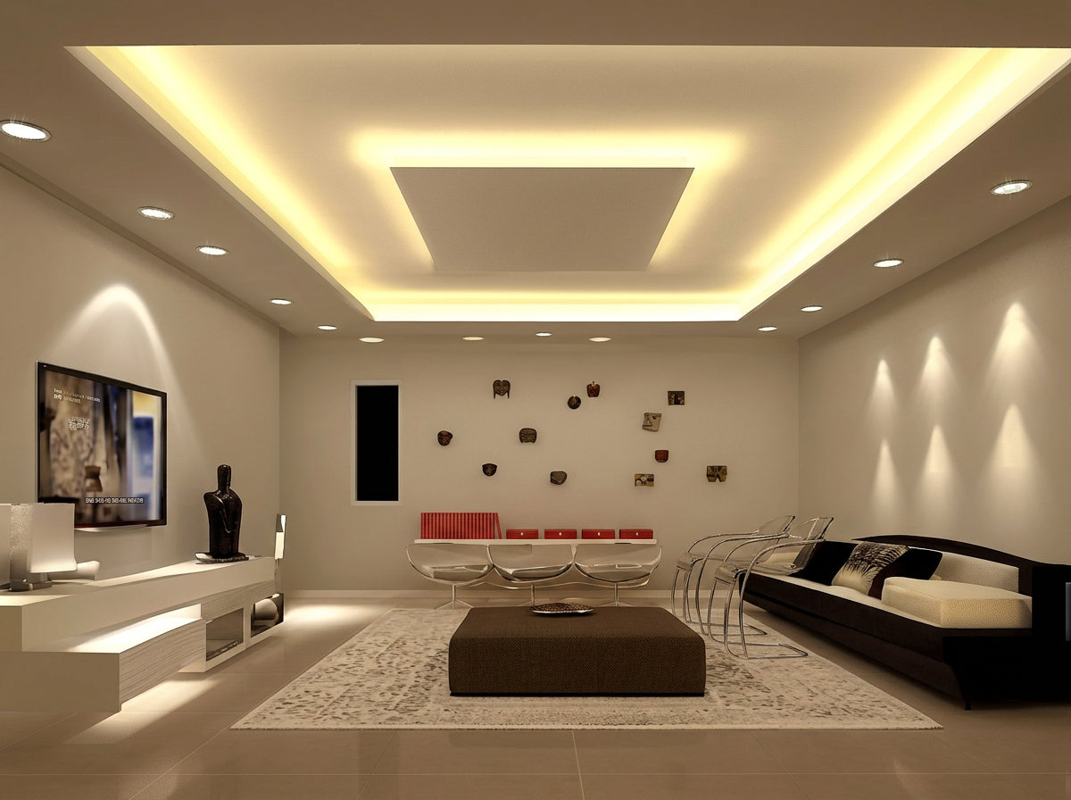Modern suspended bulkhead ceiling with recessed and concealed lighting in a living room
