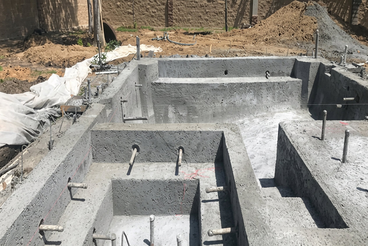 Reinforced concrete swimming pool shell under construction with steps and benches formed
