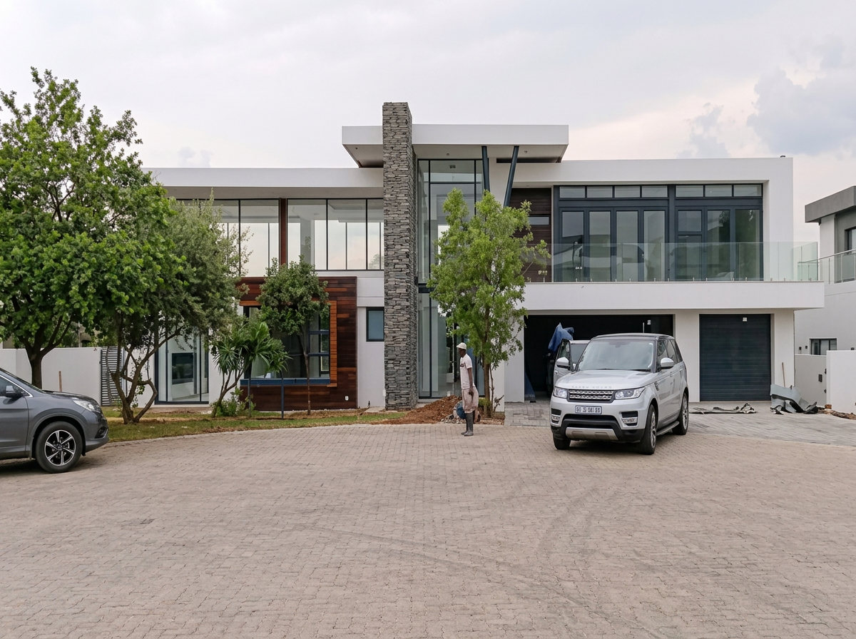Modern residence with feature stone tower element and forecourt