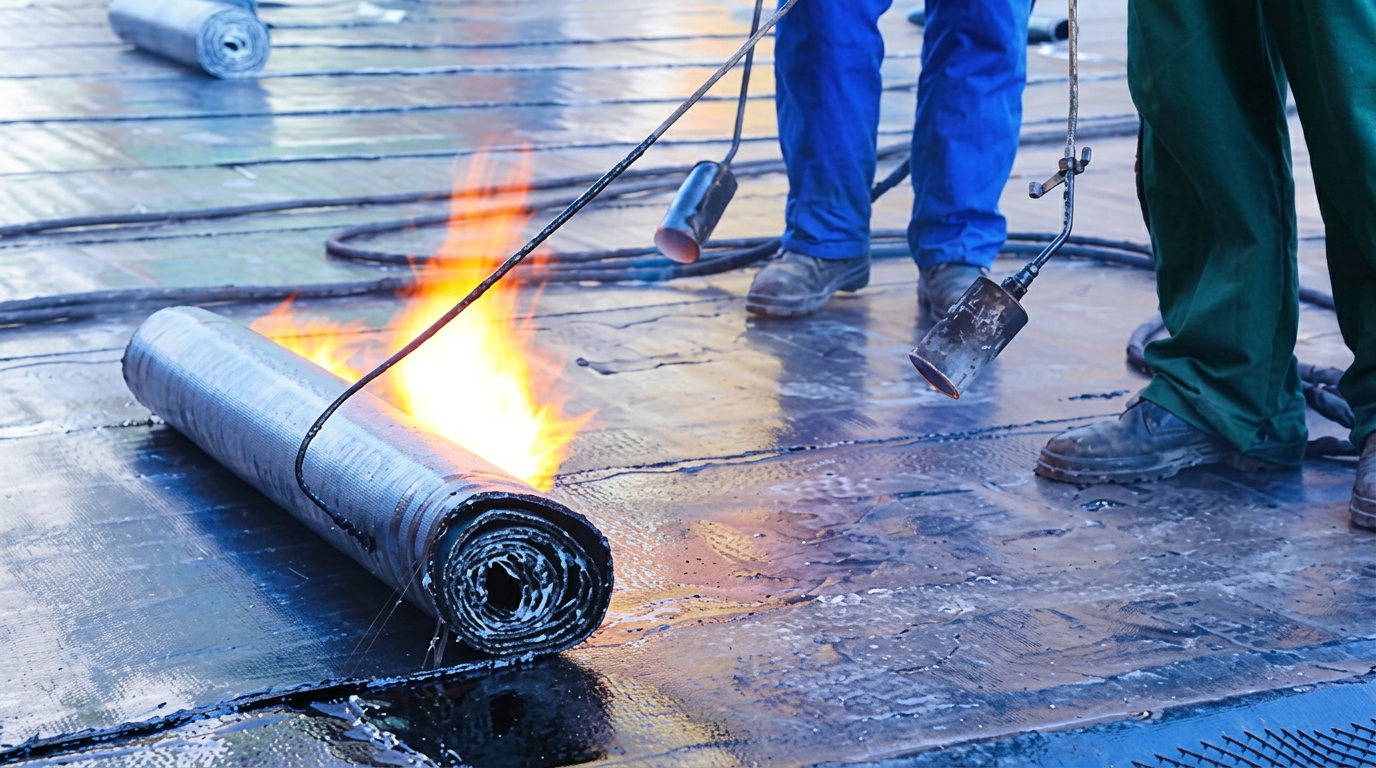 Waterproofing membrane being torch-applied to a flat concrete roof by two workers